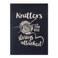 Load image into Gallery viewer, Close up image of Knitting Pop Up Card black cover which reads "Knitters Come With Strings Attached"