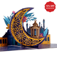 Load image into Gallery viewer, Close up image of Eid Pop Up Card featuring a gold moon and lantern - pack of 5 eid cards offering 15% discount on individual prices
