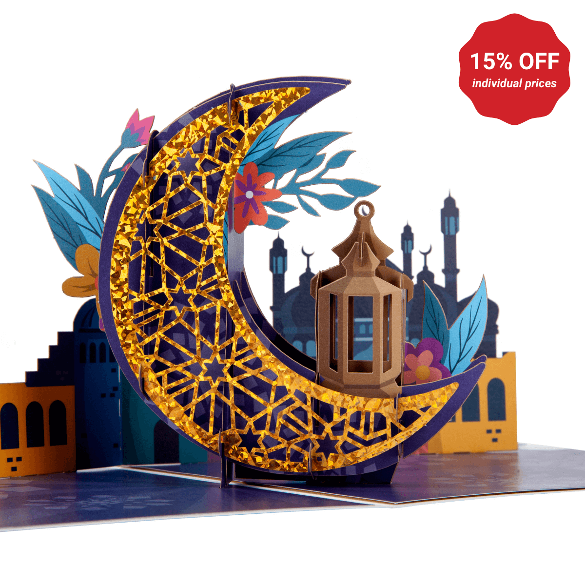 Close up image of Eid Pop Up Card featuring a gold moon and lantern - pack of 5 eid cards offering 15% discount on individual prices