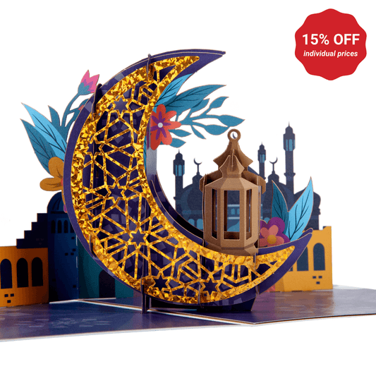 Close up image of Eid Pop Up Card featuring a gold moon and lantern - pack of 5 eid cards offering 15% discount on individual prices