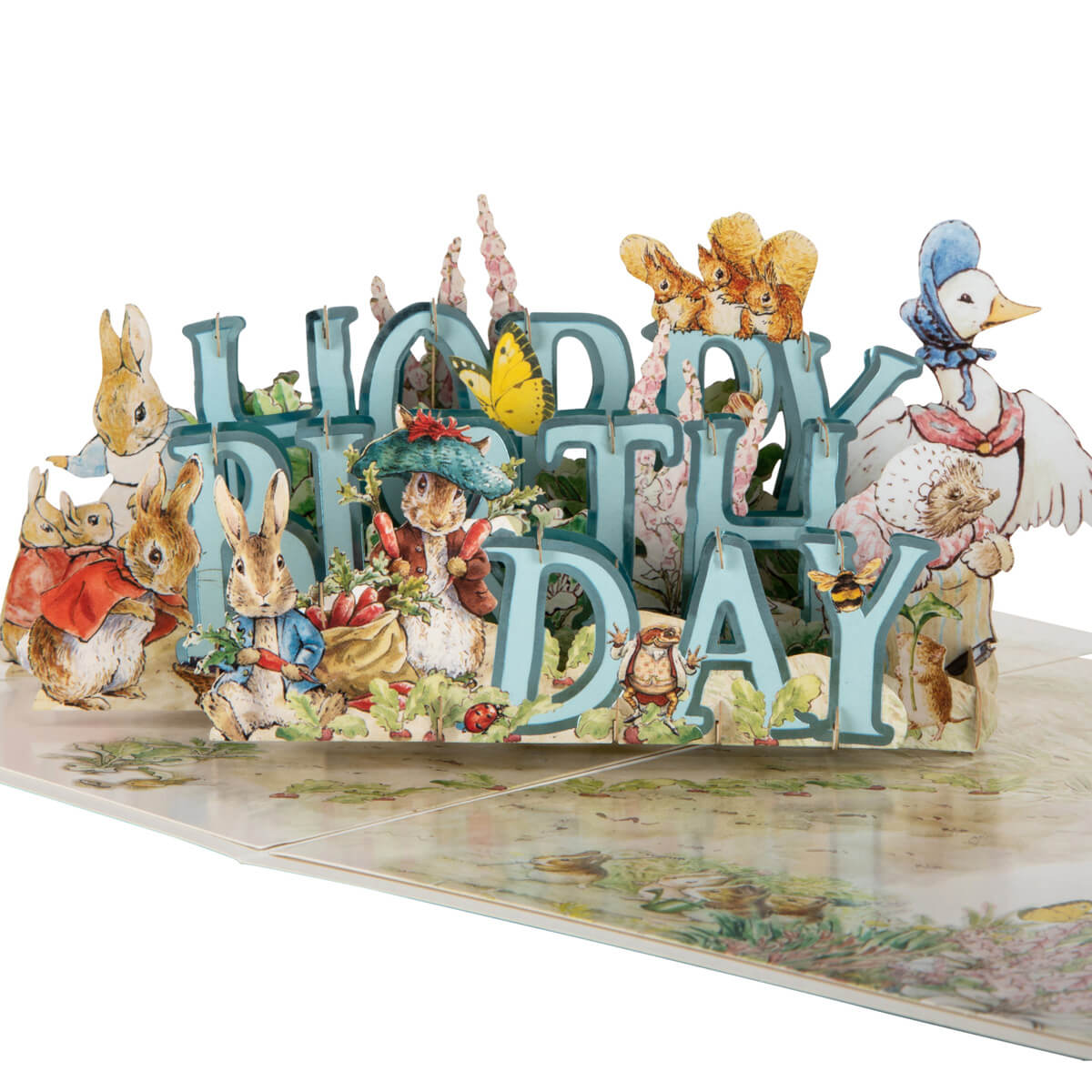 Peter Rabbit Birthday Pop Up Card Close Up Image - big Hoppy Birthday sign in Mr.McGregors garden surrounded by all characters from the iconic Beatrix Potter tale.