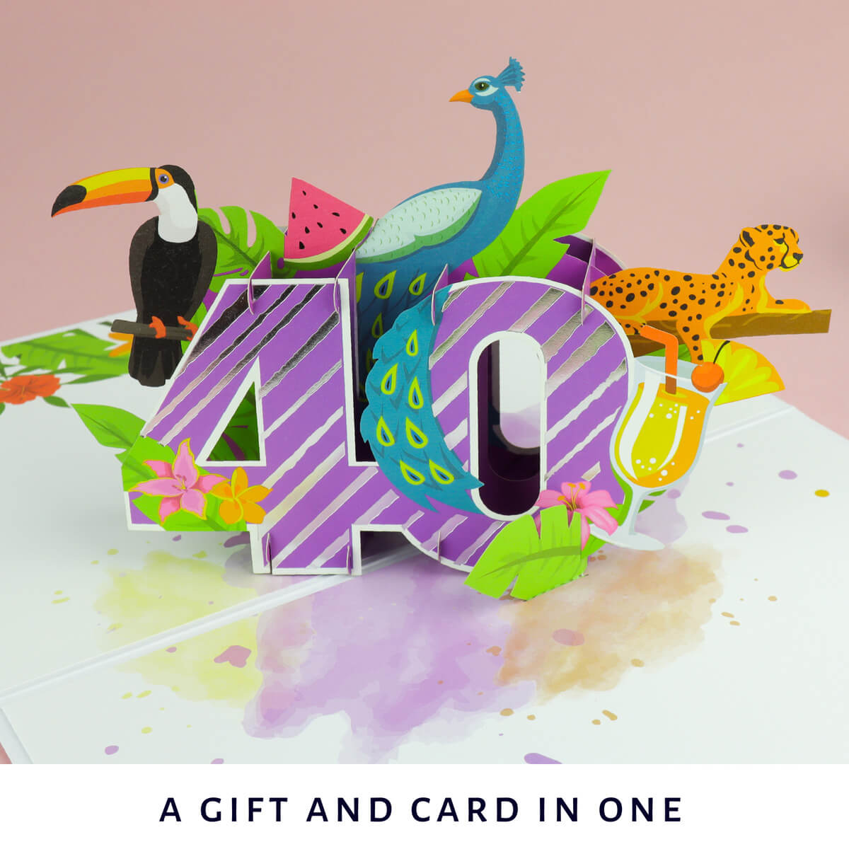 lifestyle of image of the bold and colourful 40th birthday pop up card for her on a pink background