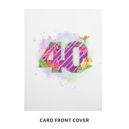 40th birthday pop up card white cover with pastel watercolours and foiled bold 40