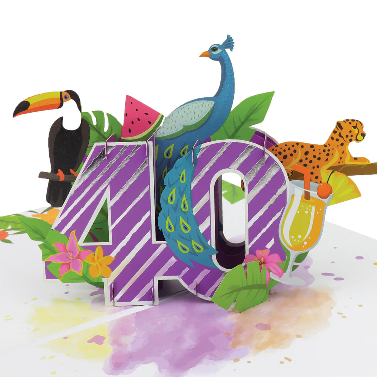 close up image of tropical 40th birthday pop up card, featuring a purple with silver stripes 3D 30 and surrounded by toucans, peacocks, cheetahs, and other tropical themes