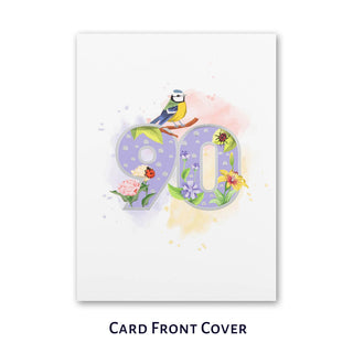 90th birthday pop up card for her - floral theme with butterflies, birds and flowers - close up image of the card front cover image which is white with a silver foiled '90' in the middle