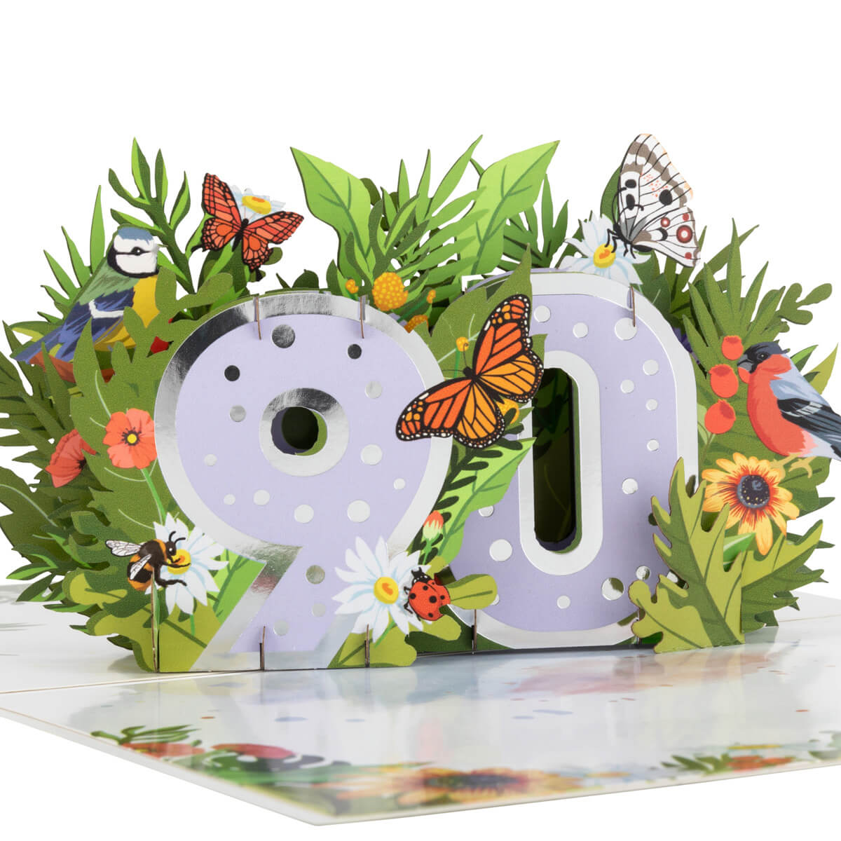 90th birthday pop up card for her - floral theme with butterflies, birds and flowers - close up image of the pop up card on a white background