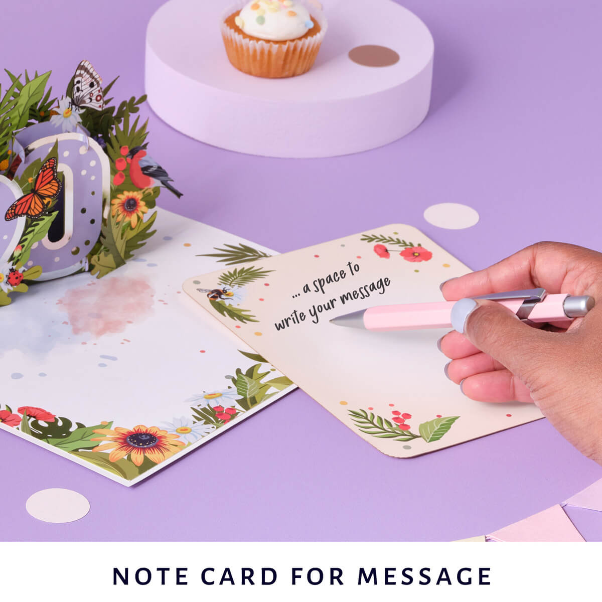 90th birthday pop up card for her - floral theme with butterflies, birds and flowers - image of notecard which is on the back of the card and gives a space to write a message to the recipient