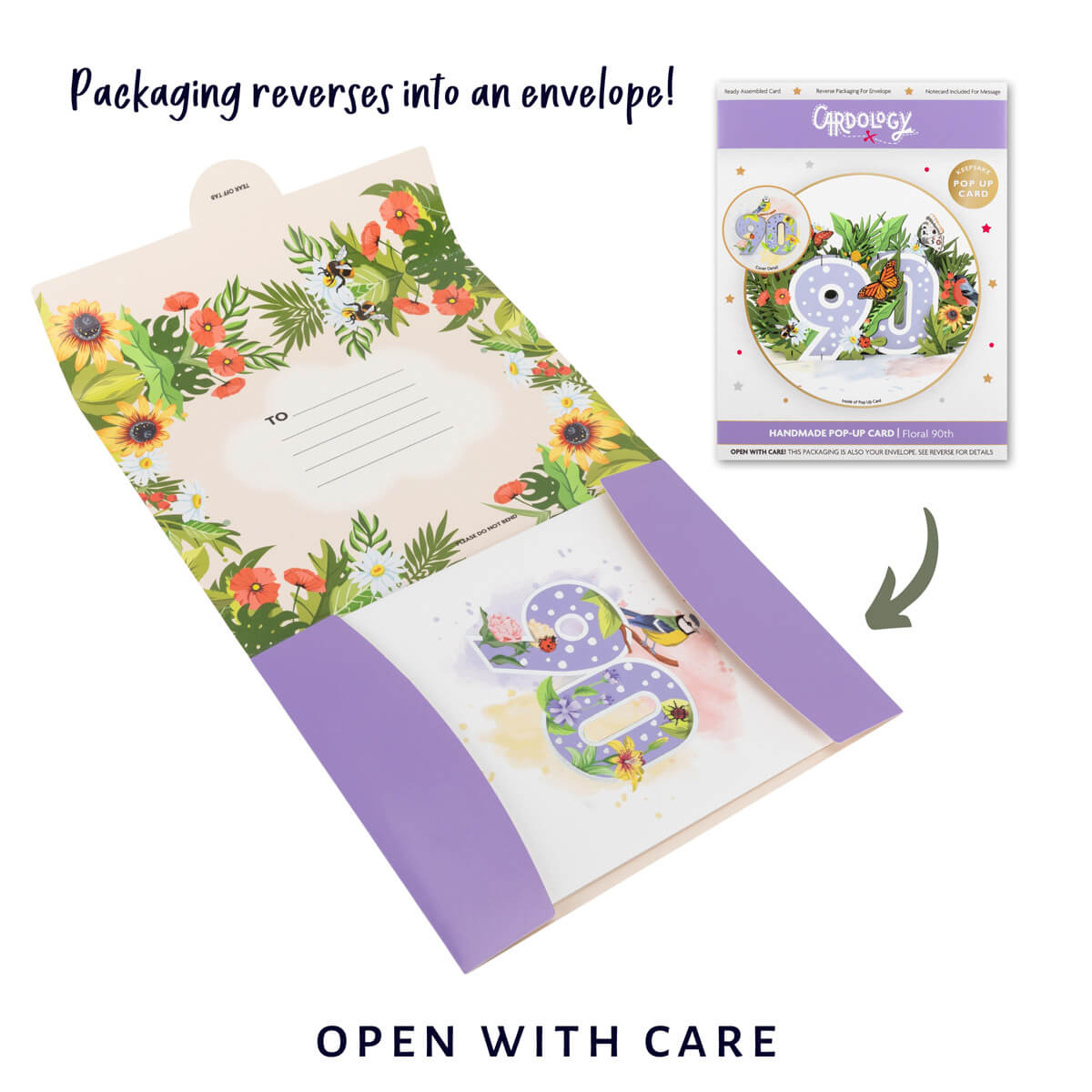 90th birthday pop up card for her - floral theme with butterflies, birds and flowers - reversible envelope which reverses into a beautiful gift envelope