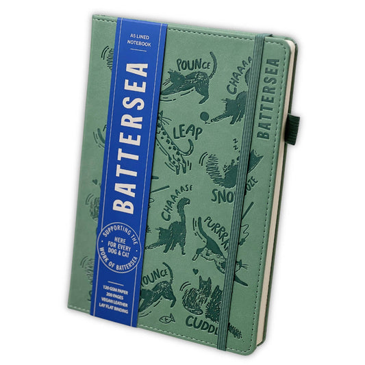 Battersea Cats A5 lined notebook in Eucalyptus Green and featuring cat de-bossed illustration on the faux leather cover