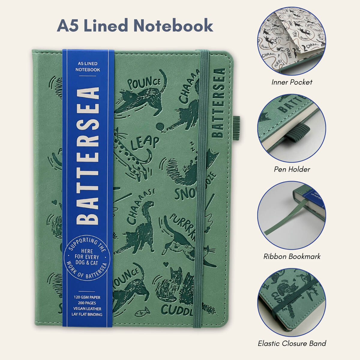 Eucalyptus Green A5 notebook for cat lovers featuring an inner pocket, pen holder, ribbon bookmark and an elastic closure band.