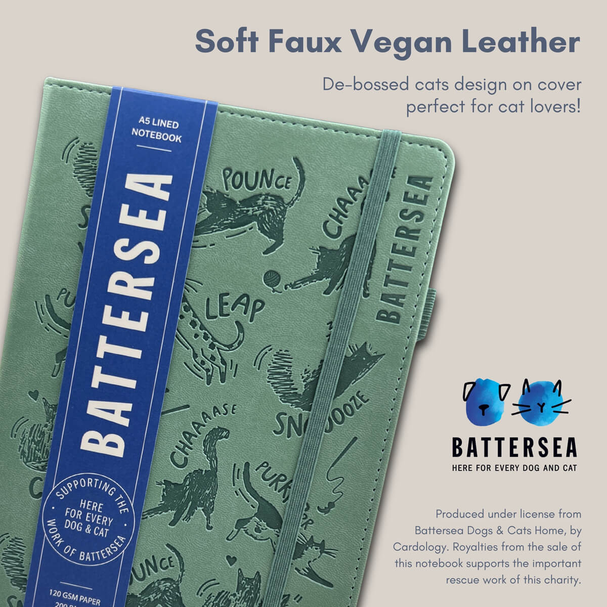 Battersea charity A5 journal with cat illustrations, perfect for cat lovers. soft faux vegan leather.