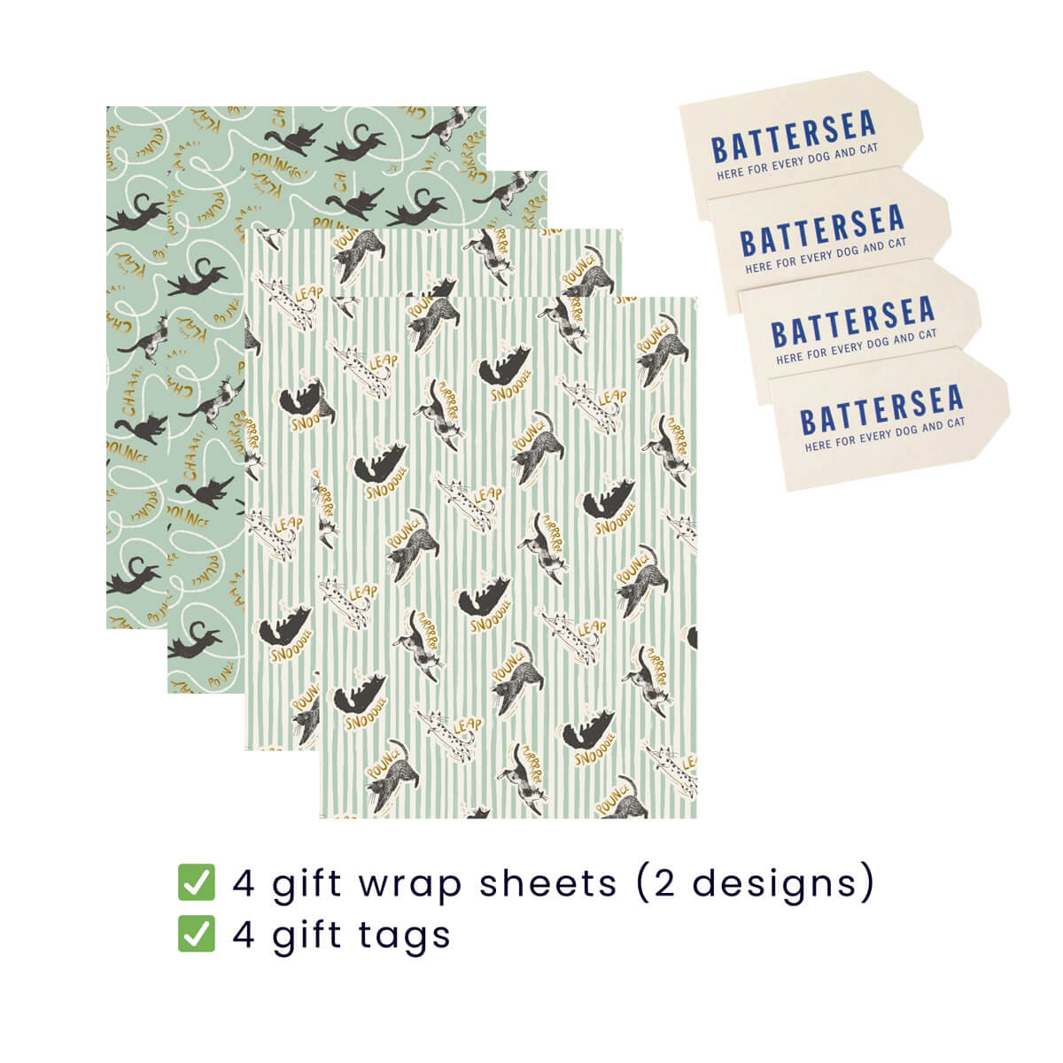 Battersea Cats Birthday Gift Wrap Pack of 4 sheets, 2 patterns for Cat Lovers - Charity gift wrapping paper - image showing all 4 sheets and 4 gift tags