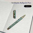 Load image into Gallery viewer, Battersea Cats refillable ballpoint in black ink - green pen with cats illustrations
