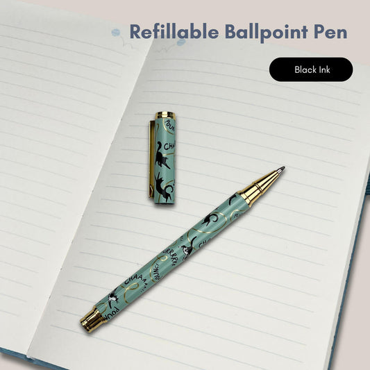 Battersea Cats refillable ballpoint in black ink - green pen with cats illustrations