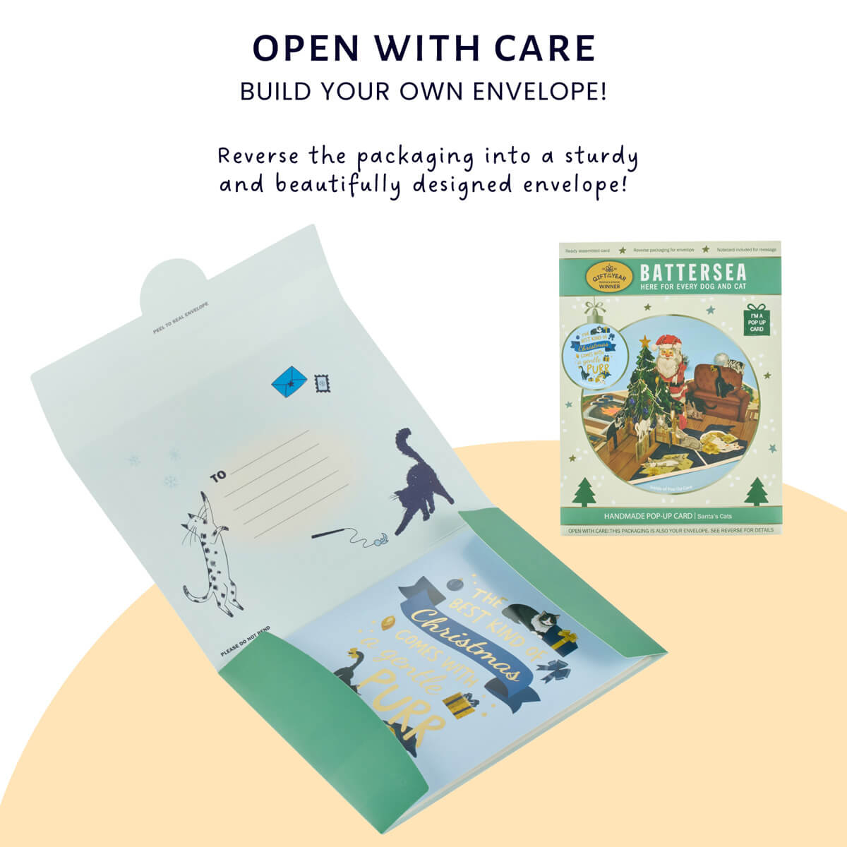 3D charity Santa Cat pop-up Christmas card reversible packaging