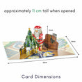 Load image into Gallery viewer, 3D charity Santa Cat pop-up Christmas card fully opened featuring santa next to a christmas tree surrounded by lots of cats. The image shows the card open with dimensions which is 30cm (l) x 20cm (w) x 11cm (h)
