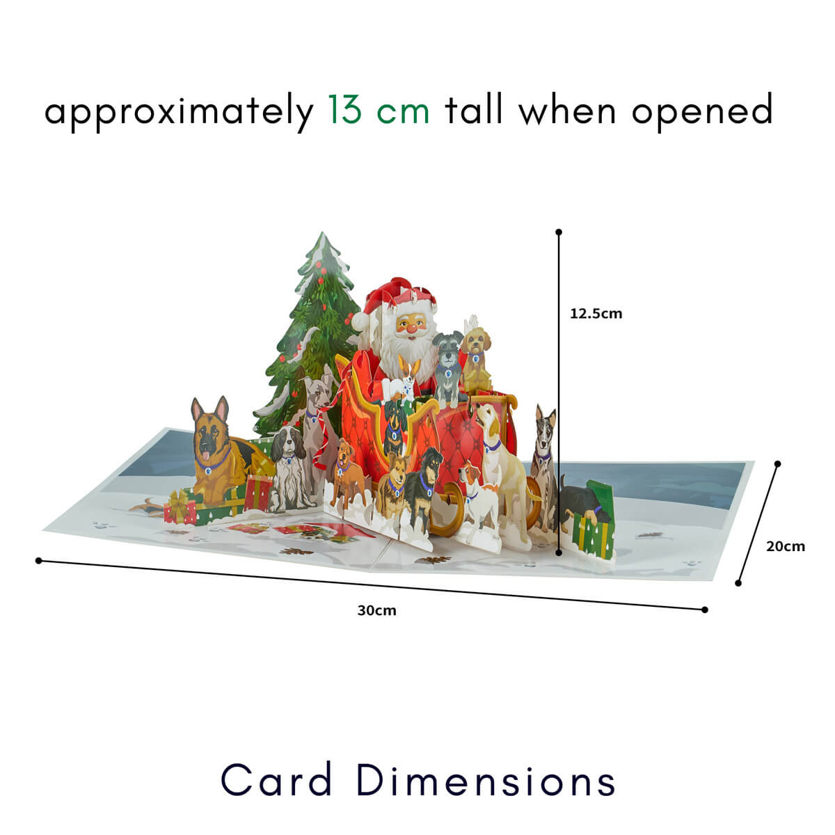 Pop-up card with Santa Claus and dogs, showing dimensions on a white background. Dimensions are 30cm (l) x 20cm (w) x 13cm (h)