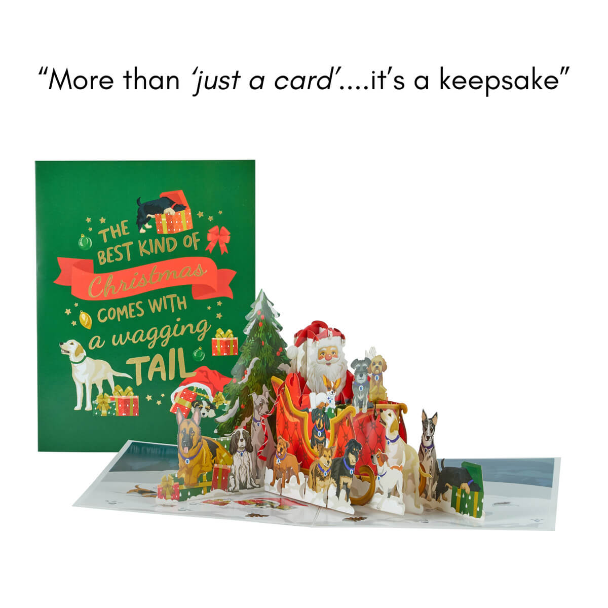 3D Santa Dogs pop-up charity card fully opened with the card cover behind