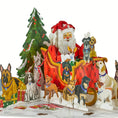 Load image into Gallery viewer, 3D Santa Dogs pop-up charity card fully opened, featuring Santa in a sleigh surrounded by playful dogs in a snowy outdoor scene
