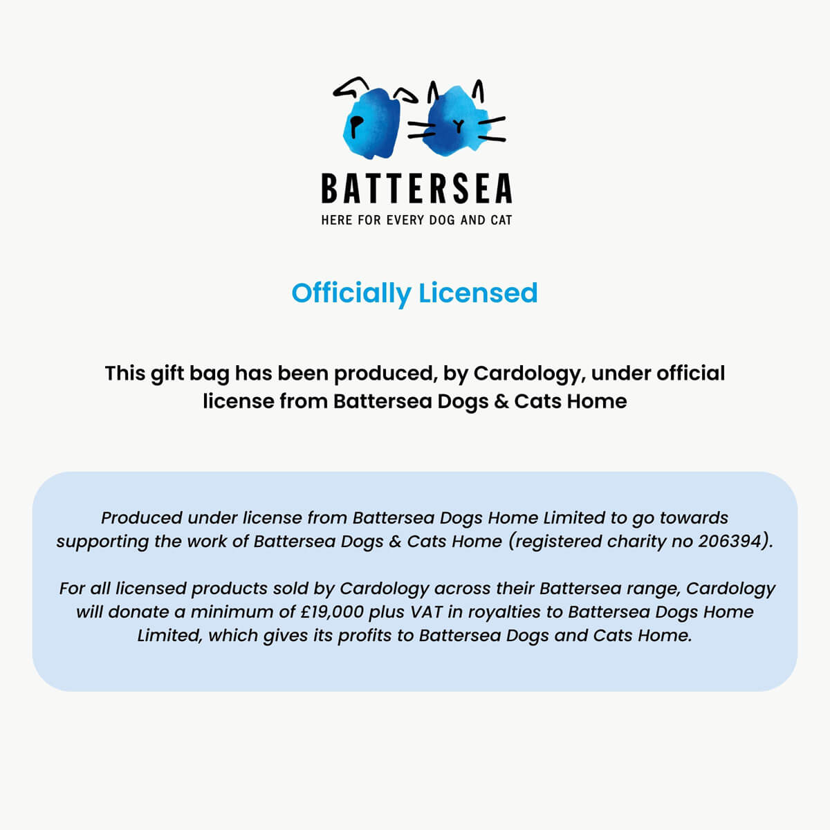 Battersea Cats and Dogs Home Charity Christmas Gift Bag for Cat Lovers - disclaimer.  This gift bag has been produced by Cardology, under official license from Battersea Dogs & Cats Home