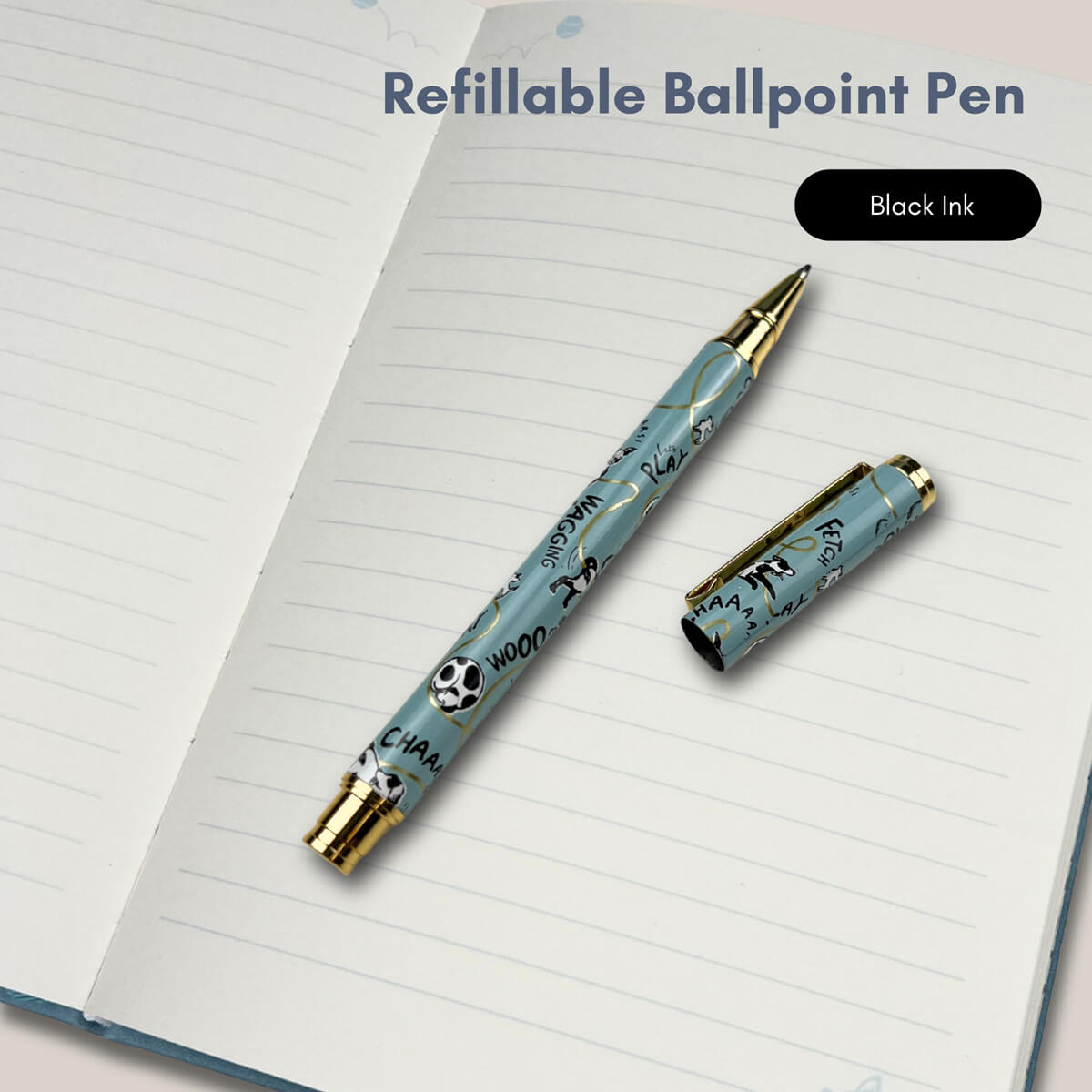 A refillable ballpoint pen with a light blue patterned barrel and gold accents, shown alongside its cap on an open lined notebook. Text at the top reads 'Refillable Ballpoint Pen' and a black badge says 'Black Ink'.