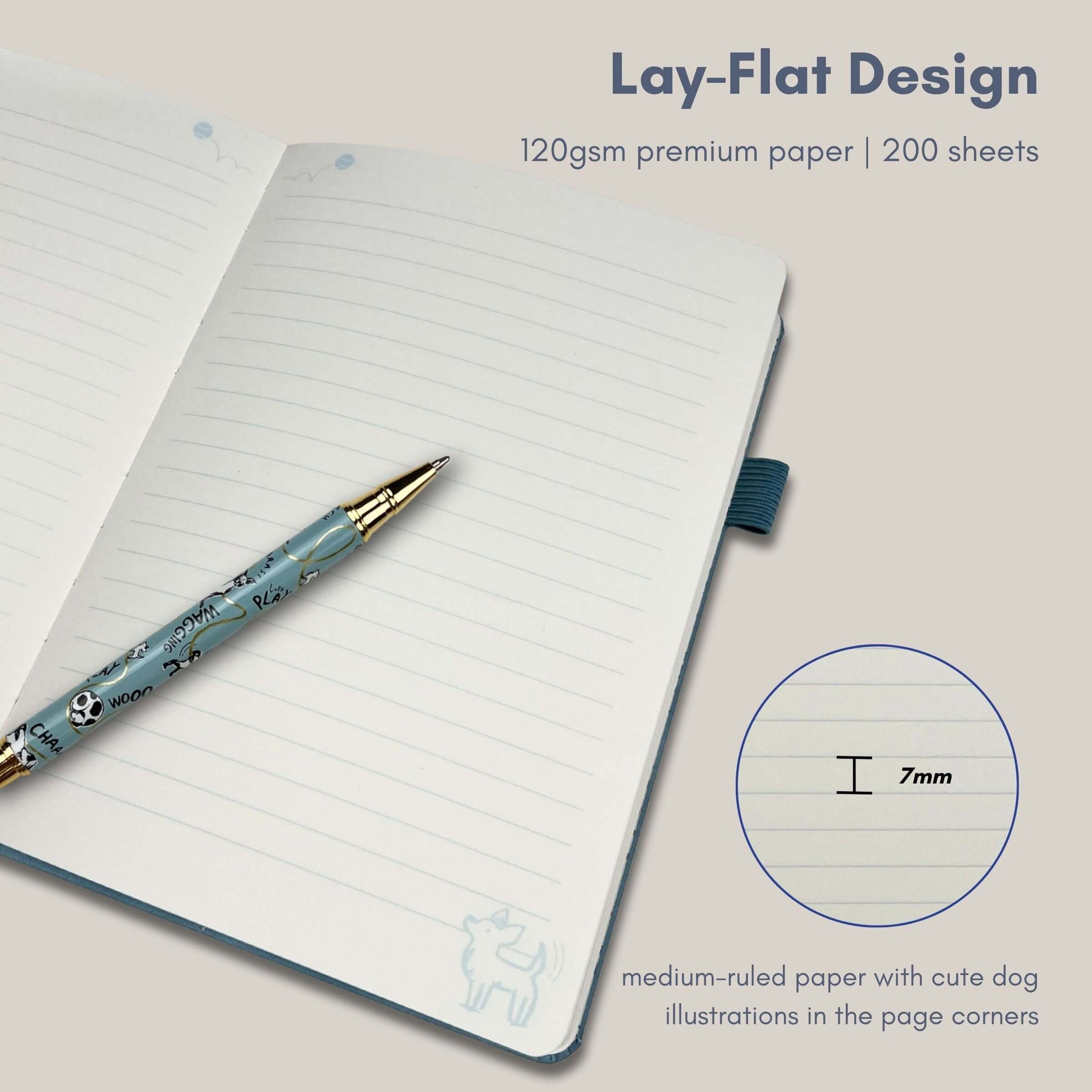 Battersea Dogs A5 lined notebook with lay flat binding and cute dog illustrations in the corner of every page