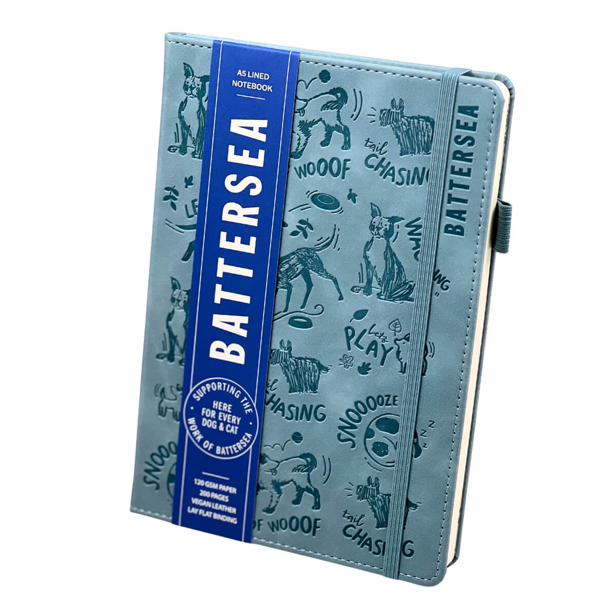 A light blue A5 notebook with a blue strap closure featuring dog illustrations and text for dog lovers.