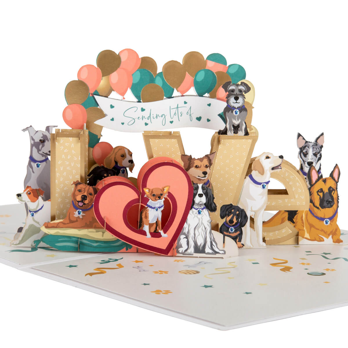 Battersea Dogs Love Pop Up Card by Cardology - close up image of 3D card with lots of different dog breeds jumping over a big love sign - perfect for Valentine's Day Cards, Mother's Day Cards, Father's Day Cards or even for Birthday Cards or Anniversary Cards. Pet mum and dad cards