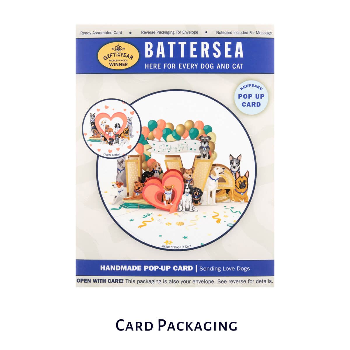 Battersea Dogs Love Pop Up Card by Cardology which is perfect for Valentine's Day Cards, Mother's Day Cards, Father's Day Cards or even for Birthday Cards or Anniversary Cards. Pet mum and dad cards. This is a close up image of the Battersea charity card packaging