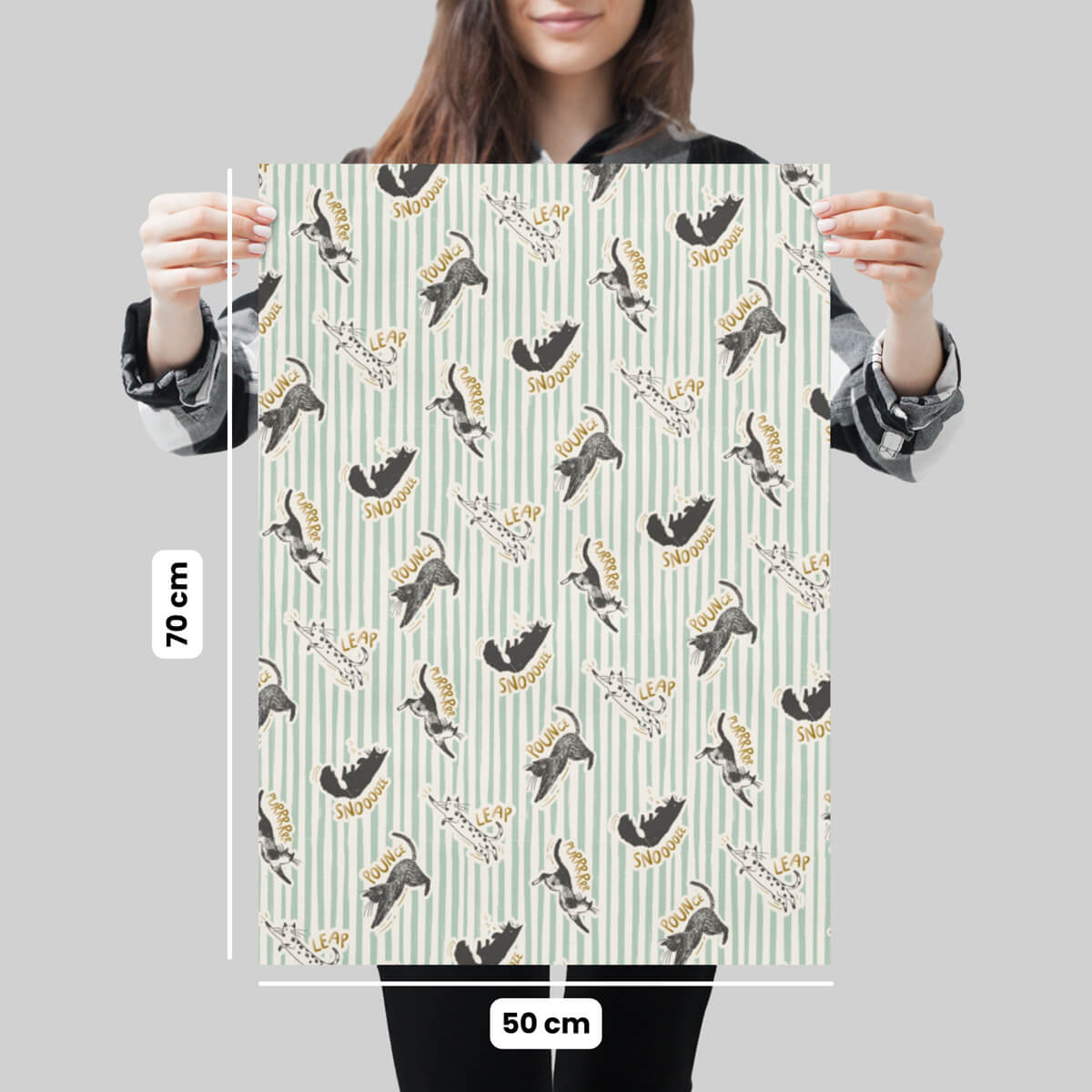 Battersea Cats Birthday Gift Wrap Pack of 4 sheets, 2 patterns for Cat Lovers - Charity gift wrapping paper - image showing dimensions of each sheet which is 50cm x 70cm on 100gsm silk FSC paper