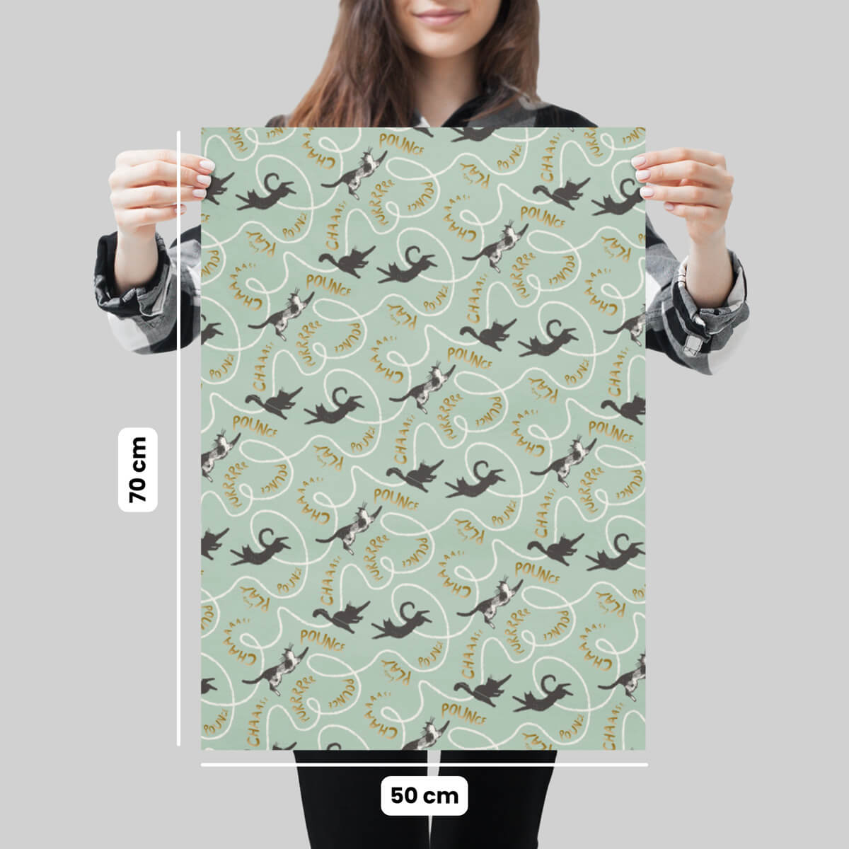 Battersea Cats Birthday Gift Wrap Pack of 4 sheets, 2 patterns for Cat Lovers - Charity gift wrapping paper - image showing dimensions of each sheet which is 50cm x 70cm on 100gsm silk FSC paper
