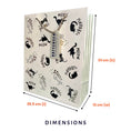 Load image into Gallery viewer, A cat-themed high quality gift bag with black cat illustrations and gold foiled text like 'MEOW', 'PURR', and 'STRETCH' on a white background, with dimension labels showing 26.5 cm (l), 13 cm (w), and 33 cm (h).
