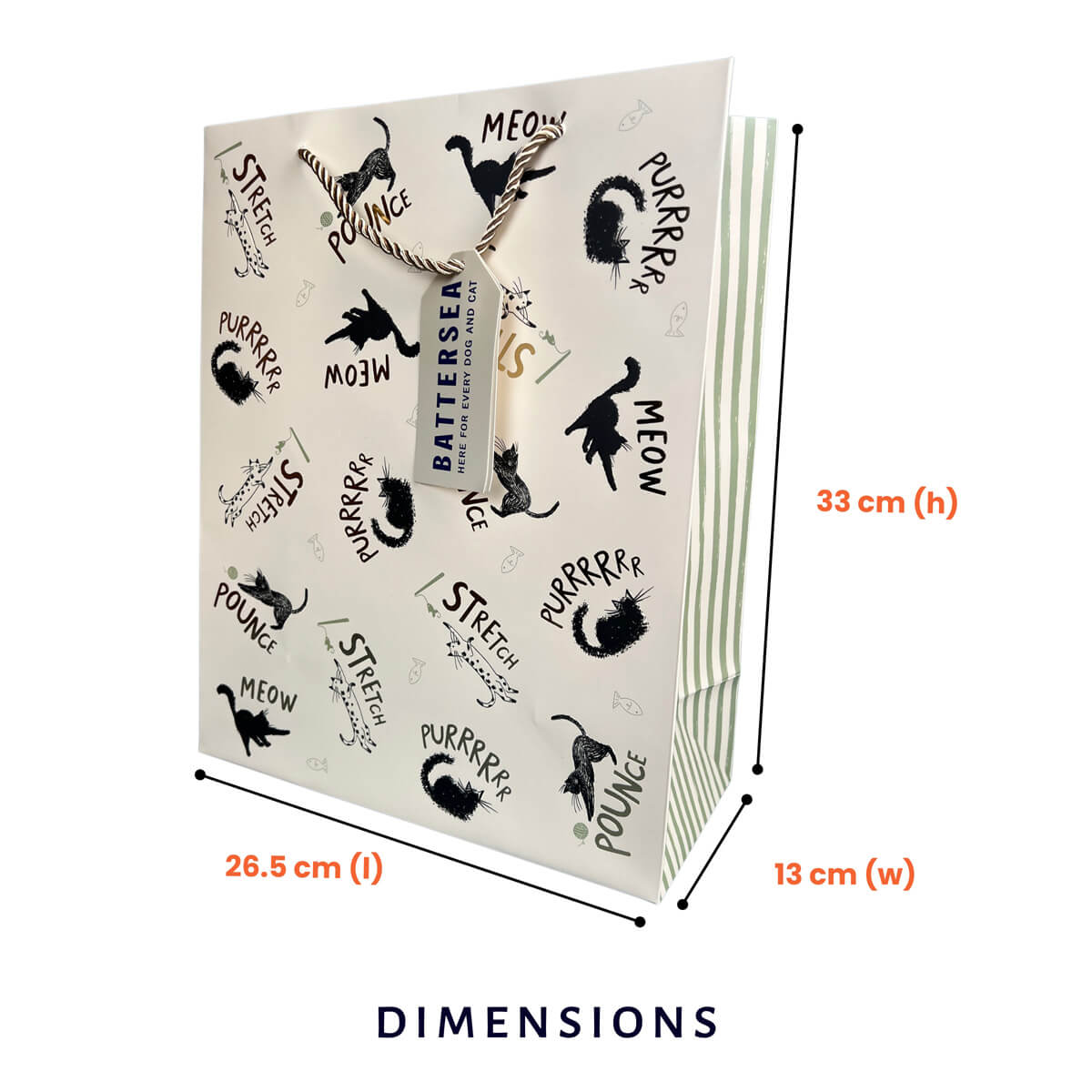 A cat-themed high quality gift bag with black cat illustrations and gold foiled text like 'MEOW', 'PURR', and 'STRETCH' on a white background, with dimension labels showing 26.5 cm (l), 13 cm (w), and 33 cm (h).