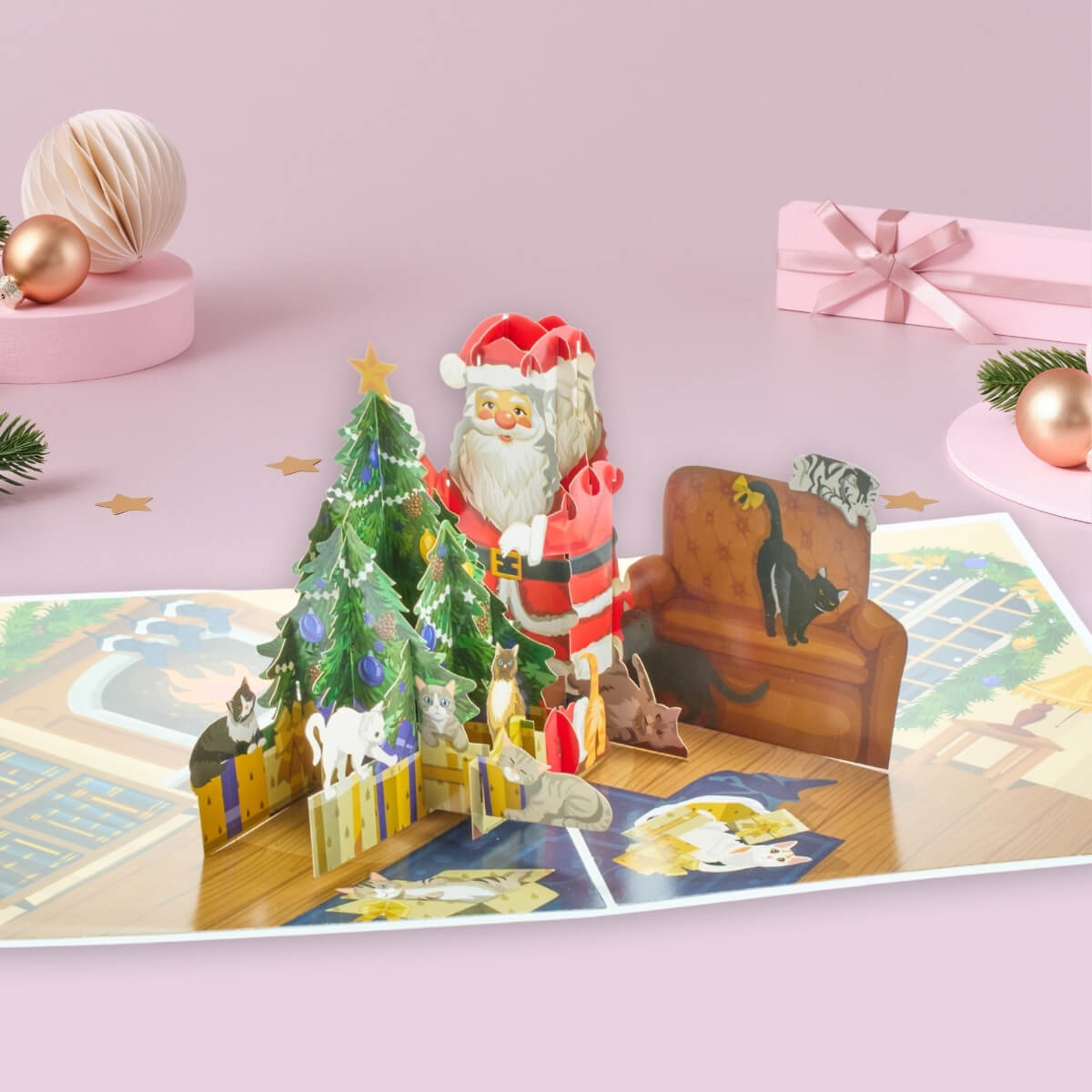 Charity Christmas 3D Pop Up Card - Santa Decorating a Christmas Tree Surrounded by Cats - Perfect For Cat Lovers - Battersea Dogs & Cats Home - by Cardology