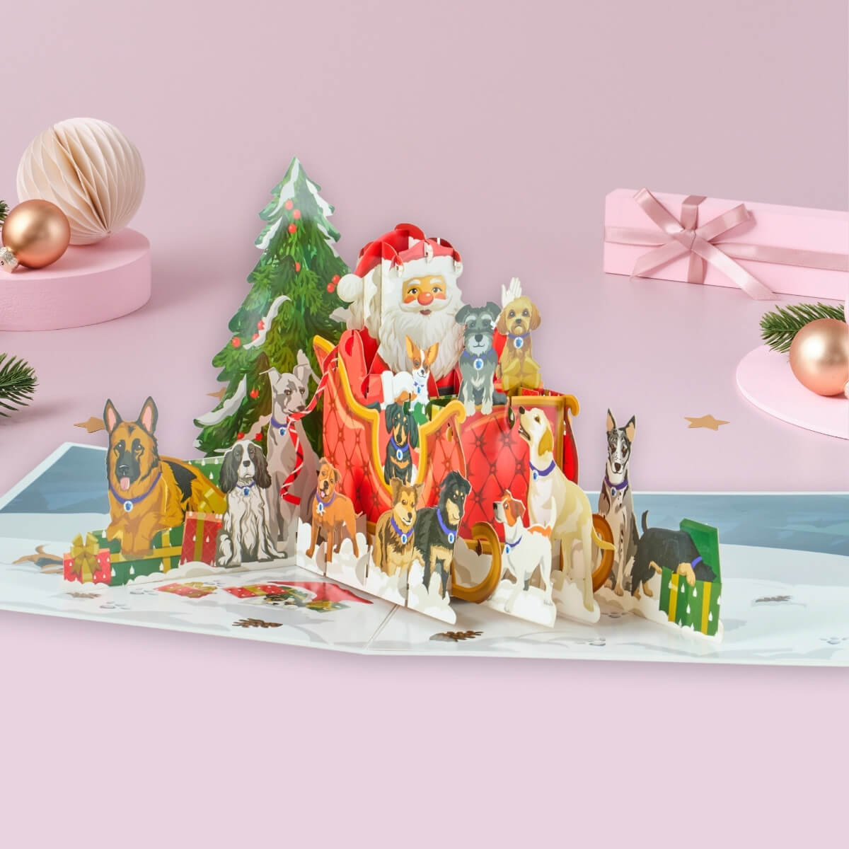 Charity Christmas 3D Card - Santa Sleigh Filled With Dogs Pop Up Card - Battersea Dogs & Cats Home - by Cardology
