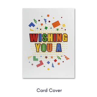 Birthday Bricks Pop Up Card for kids and adults who like building with Lego. Close up image of the card front cover which says 'Wishing You A' in building blocks