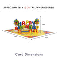Load image into Gallery viewer, Birthday Bricks Pop Up Card for kids and adults who like building with Lego. Image of the pop up card open with dimensions which are 30cm (l) x 20cm (w) x approximately 15cm (h)
