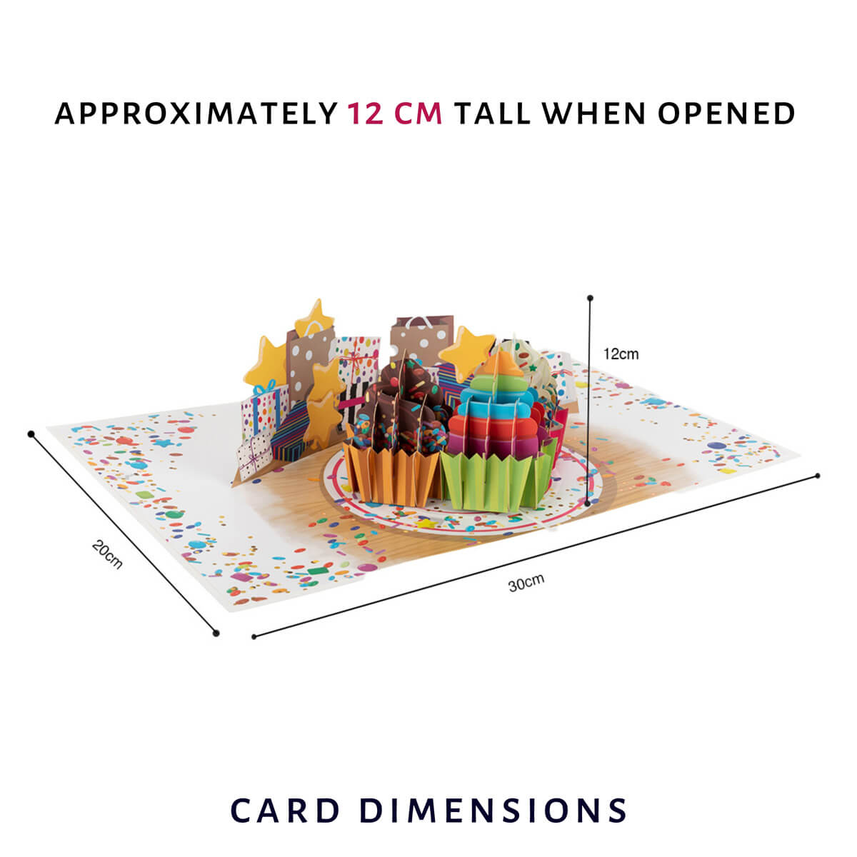 Birthday Cupcakes Pop Up Card by Cardology for Her, Him and Kids - dimensions are 30cm (l) x 20cm (w) x 12cm (h)