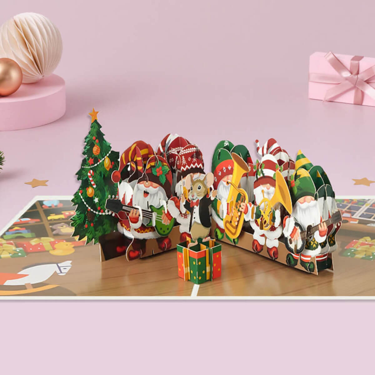 Christmas-themed gnomes or nordic gonks, with musical instruments rocking around the Christmas Tree.