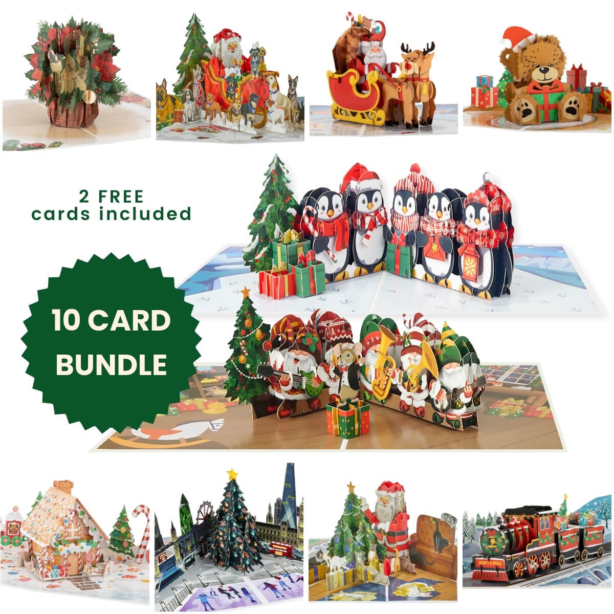 Cardology Christmas Pop Up Cards - Multi 10 Pack Bundle including 2 cards for FREE
