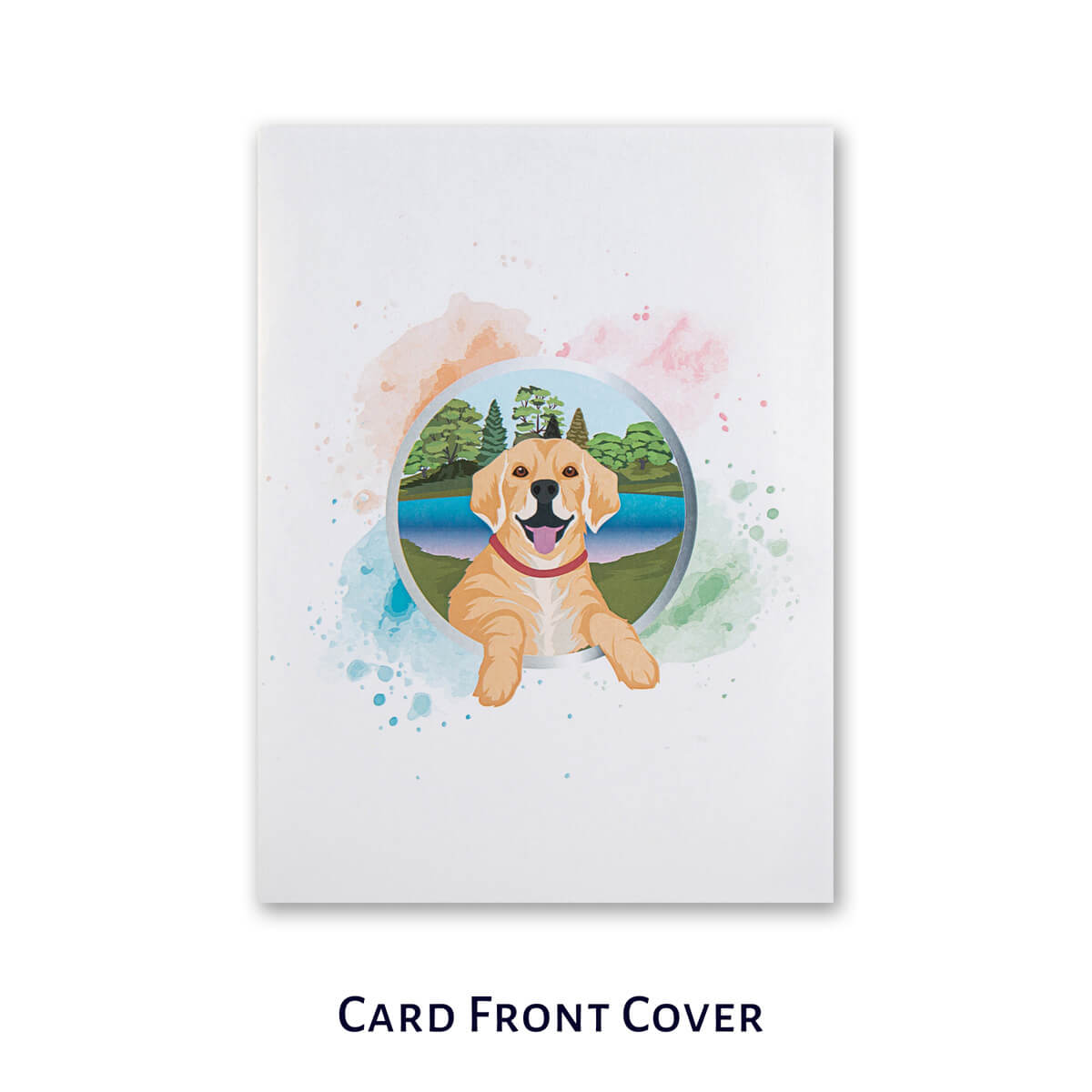 Cardology Golden Retriever Pop Up Card - image of card front cover which is white with a golden retriever image in the center