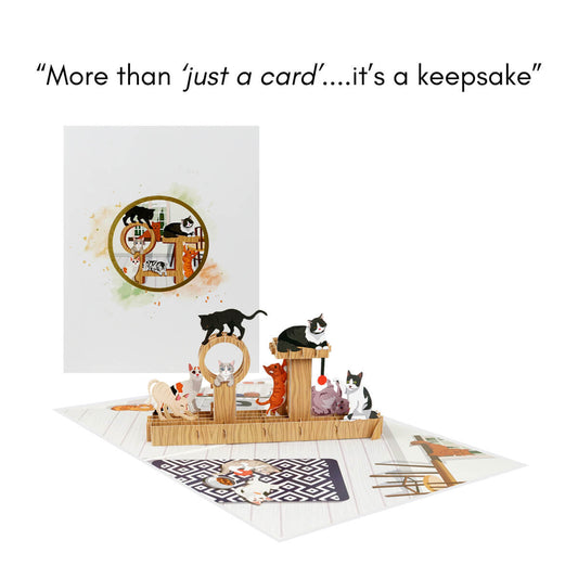 3D Birthday cat card for cat lovers by Cardology - close up image of the card open with the card closed behind it.