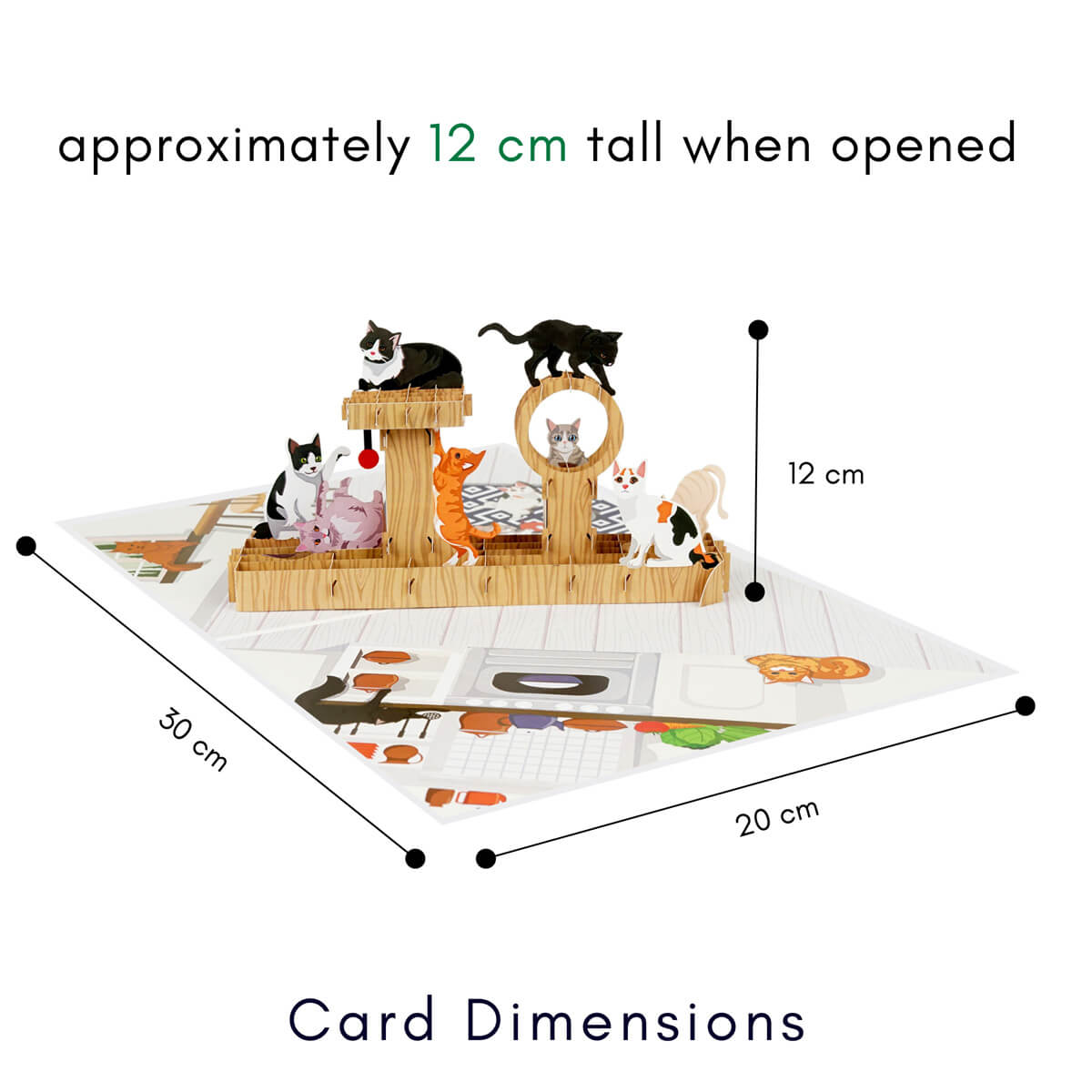 cat tree 3d card dimensions image which is 30cm (l) x 20cm (w) x 12cm (h)