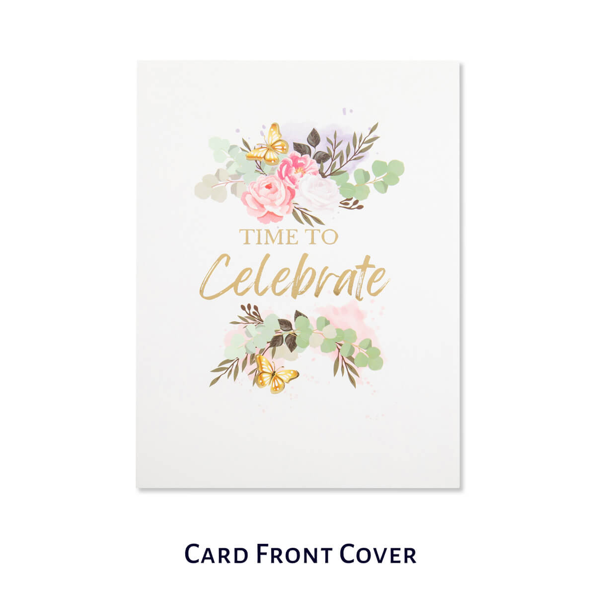 close up image of the card front cover of celebratory love pop up card which is perfect as a wedding card, engagement card or anniversary card.  Card front cover says 'Time To Celebrate'