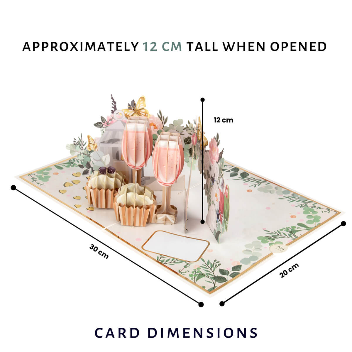 celebratory love pop up card dimensions. When opened the dimensions are 30cm (l) x 20cm (w) x 12cm (h) - by Cardology