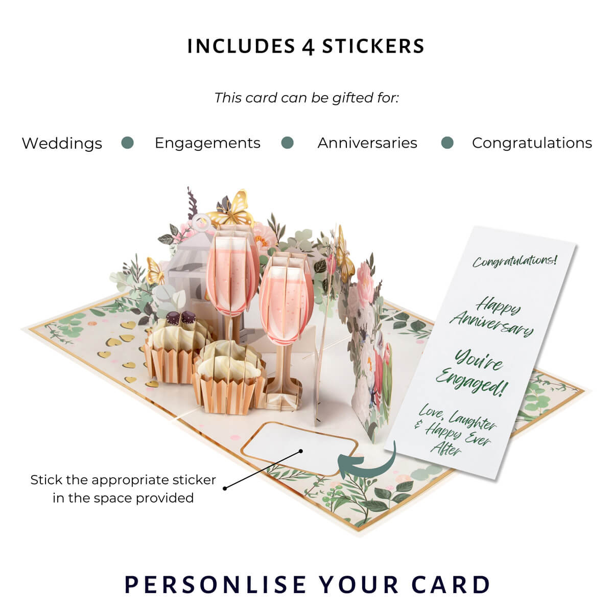 image of celebrate love pop up card personalisable stickers that comes included.  This includes Congratulations, Happy Anniversary, You're Engaged and Love Laughter and Happy Ever After - by Cardology