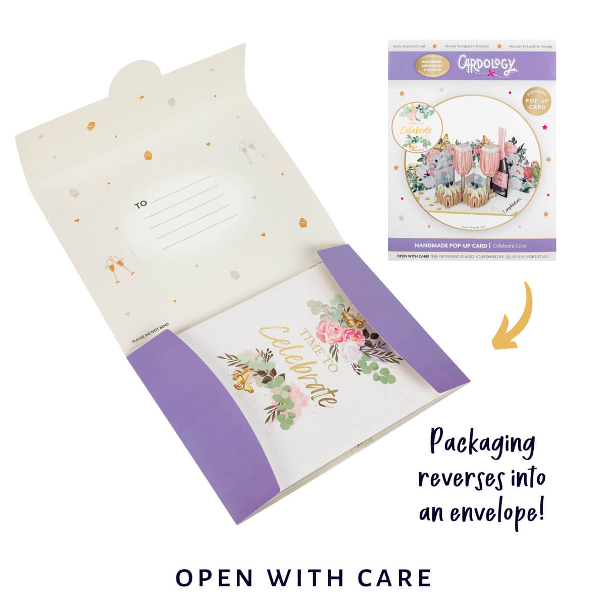 image of the celebratory love pop up card reversible packaging which converts into a beautifully designed envelope - by Cardology