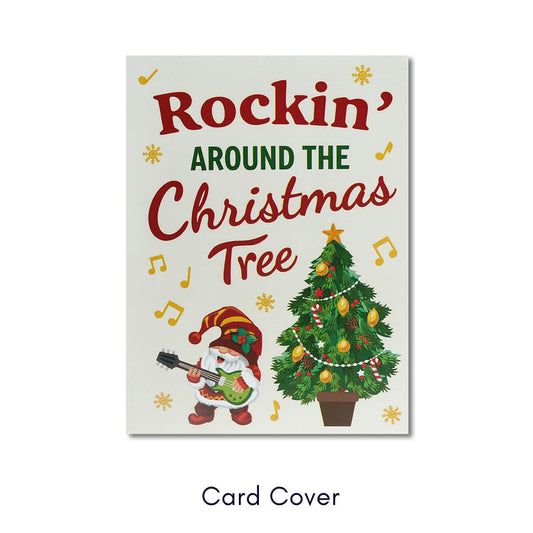 Christmas Gnomes Pop Up Card - Nordic Gonks 3D Christmas Card by Cardology - card front cover which reads 'Rockin around the Christmas Tree'
