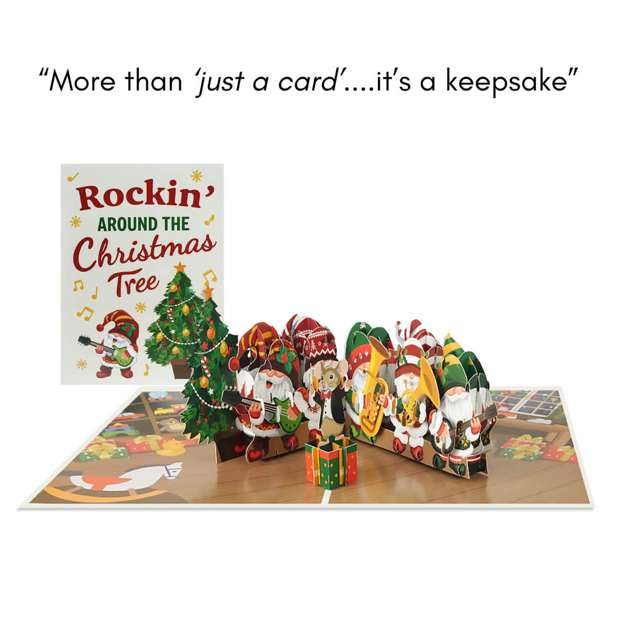 Christmas-themed pop-up card with animated gnomes and text 'Rockin' Around the Christmas Tree'.