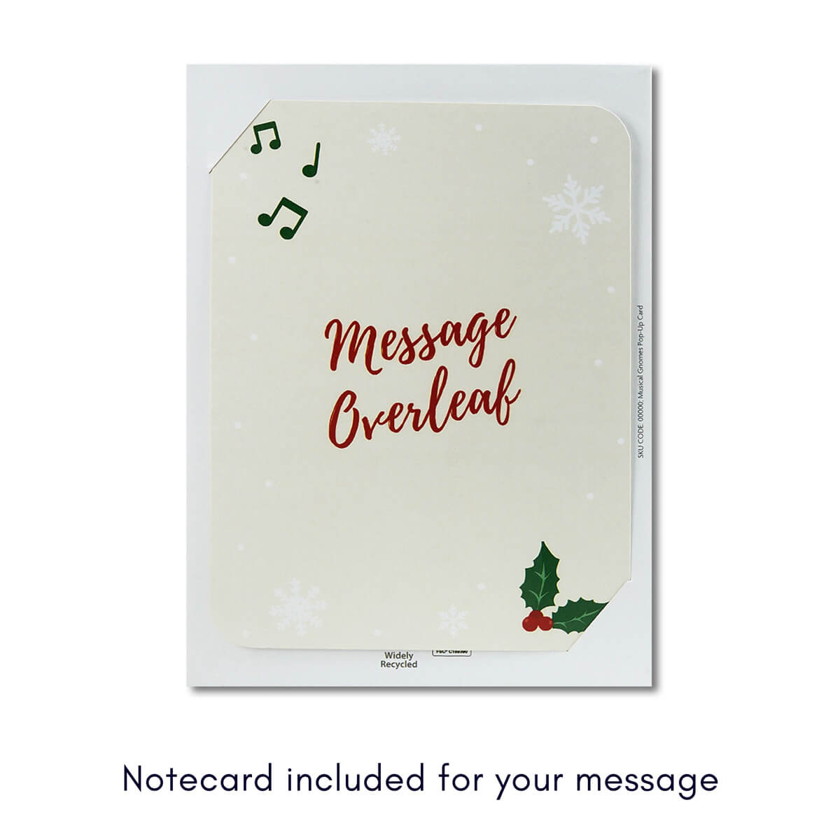 Notecard with Christmas design and text 'Message Overleaf' on a white background